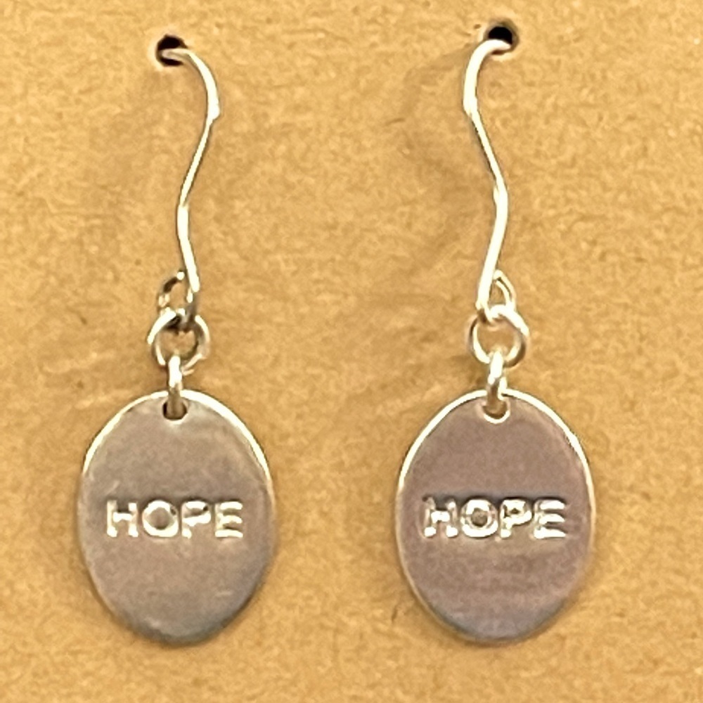 Sterling Silver HOPE Engraved Oval Disc Dangle Earrings - Picture 1 of 3